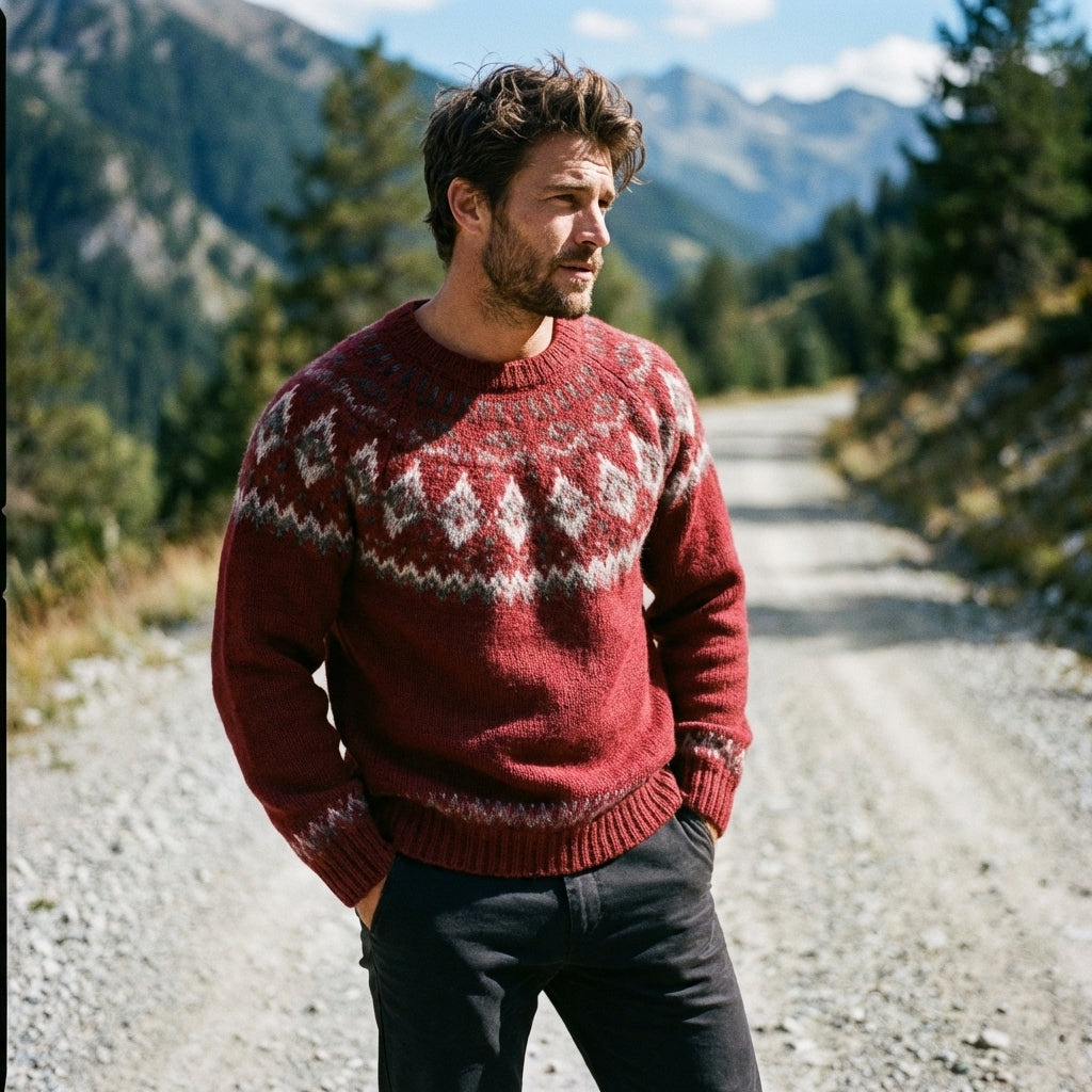 Burgundy Alpine Diamond Yoke Crewneck Sweater