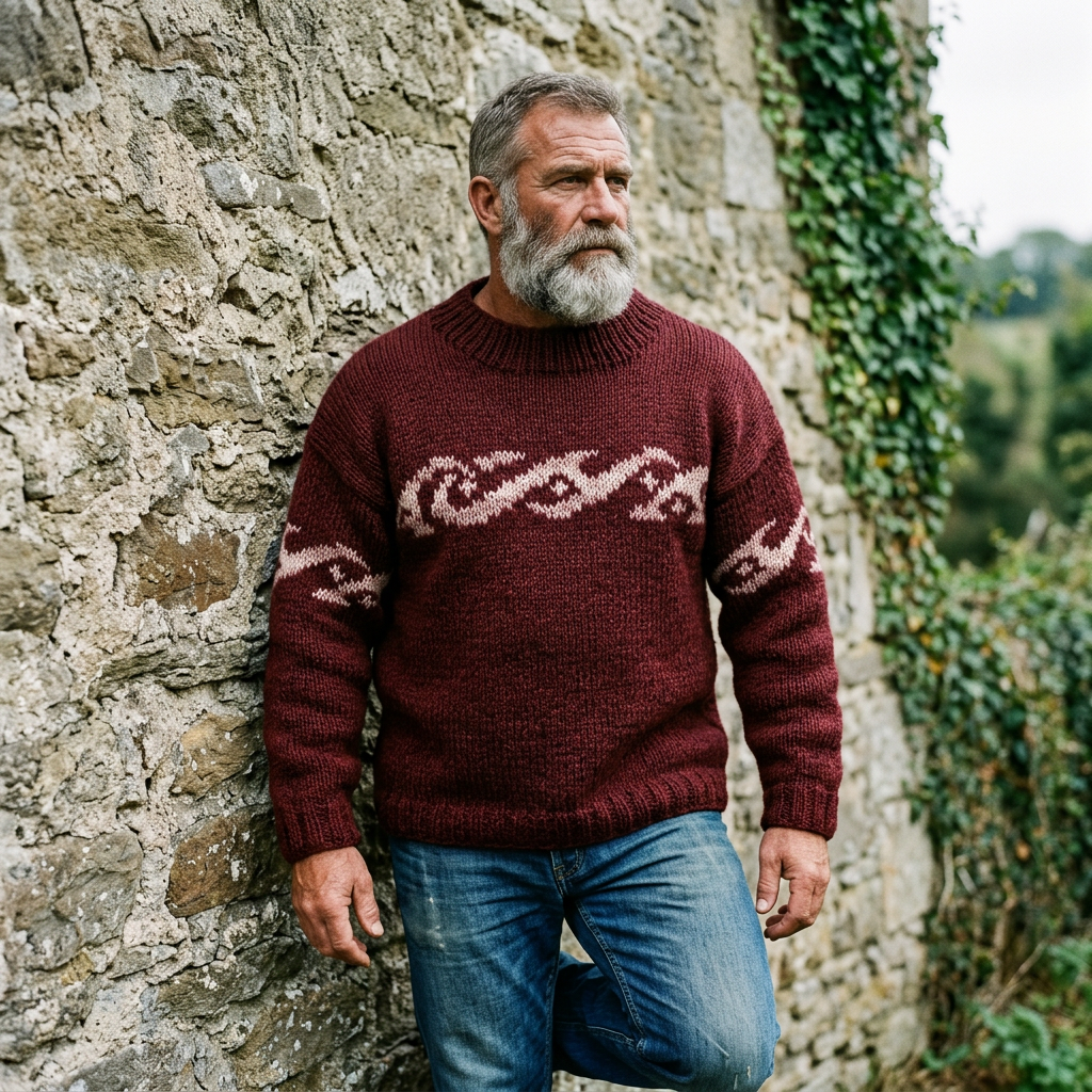 Burgundy Ocean Wave Intarsia Crewneck Sweater