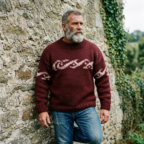 Burgundy Ocean Wave Intarsia Crewneck Sweater