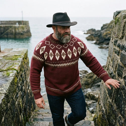 Burgundy Spruce Tree Fair Isle Crewneck Sweater