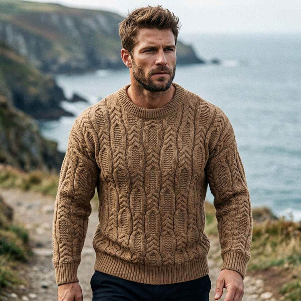 Camel Brown Aran Cable Knit Crewneck Sweater