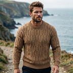 Camel Brown Aran Cable Knit Crewneck Sweater