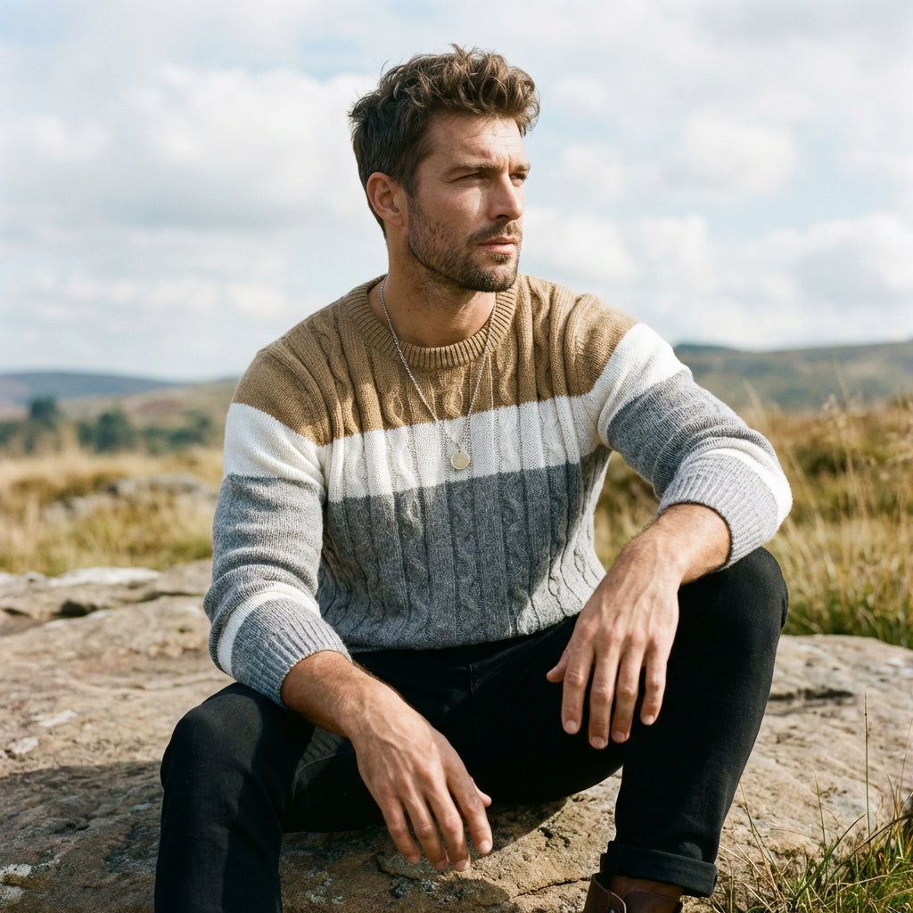 Camel & Grey Colorblock Cable Knit Crewneck Sweater