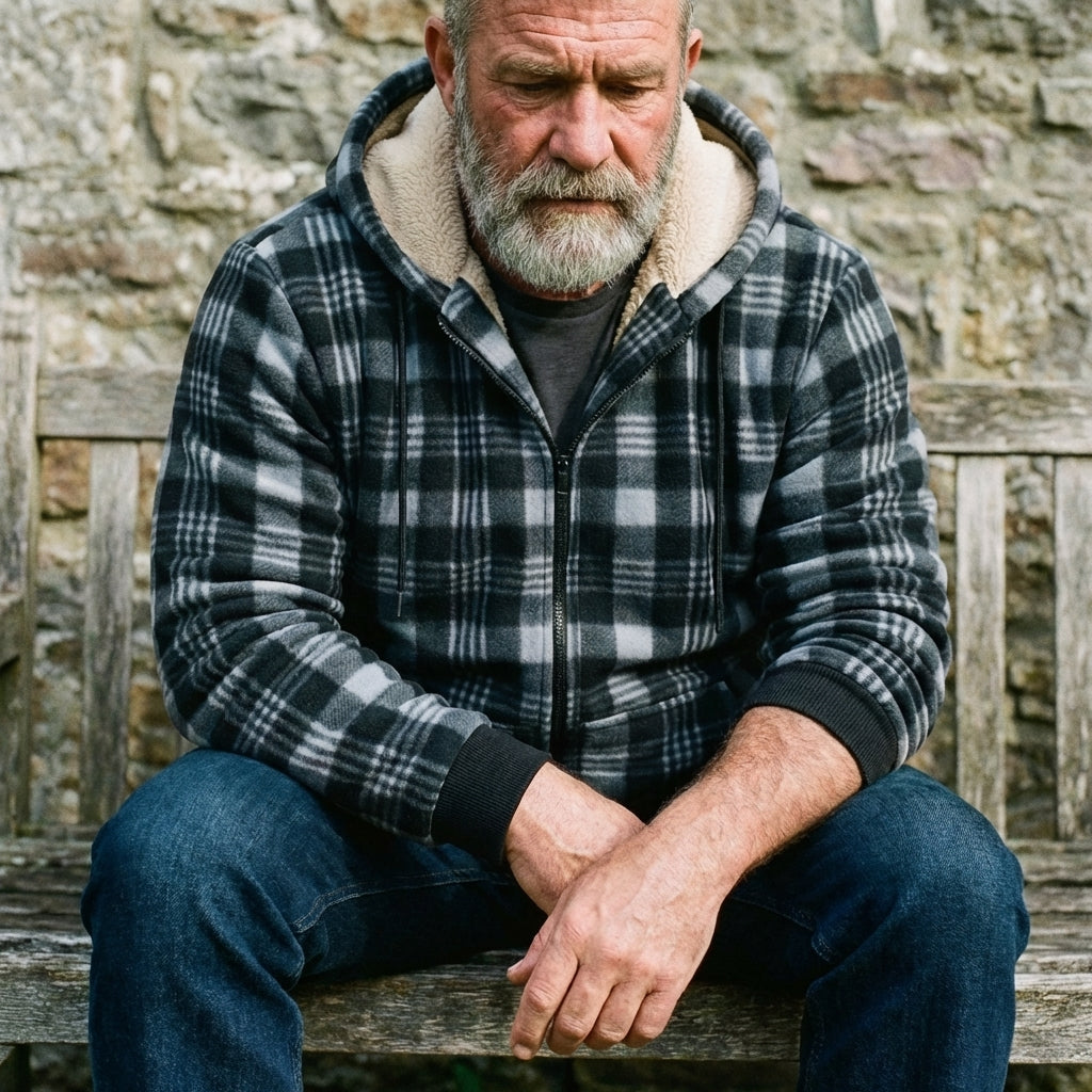 Charcoal Grey Plaid Sherpa-Lined Full-Zip Fleece Hoodie
