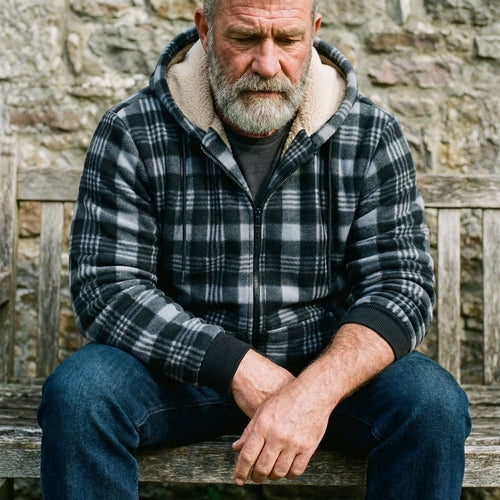 Charcoal Grey Plaid Sherpa-Lined Full-Zip Fleece Hoodie
