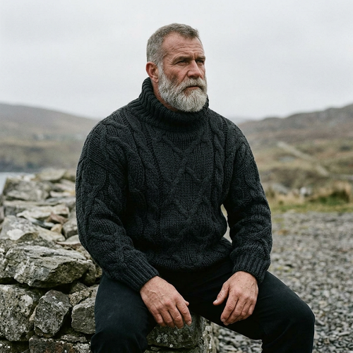 Charcoal Black Chunky Aran Cable Knit Turtleneck Sweater