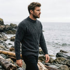 Charcoal Grey Aran Cable Knit Crewneck Sweater