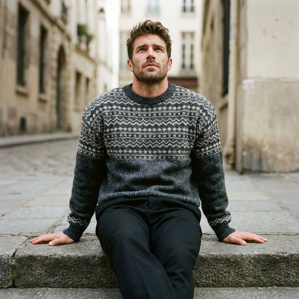 Charcoal Marl Multi Band Fair Isle Crewneck Sweater