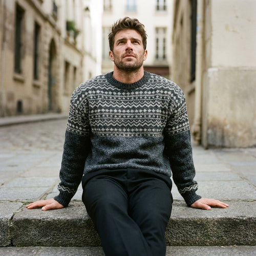 Charcoal Marl Multi Band Fair Isle Crewneck Sweater