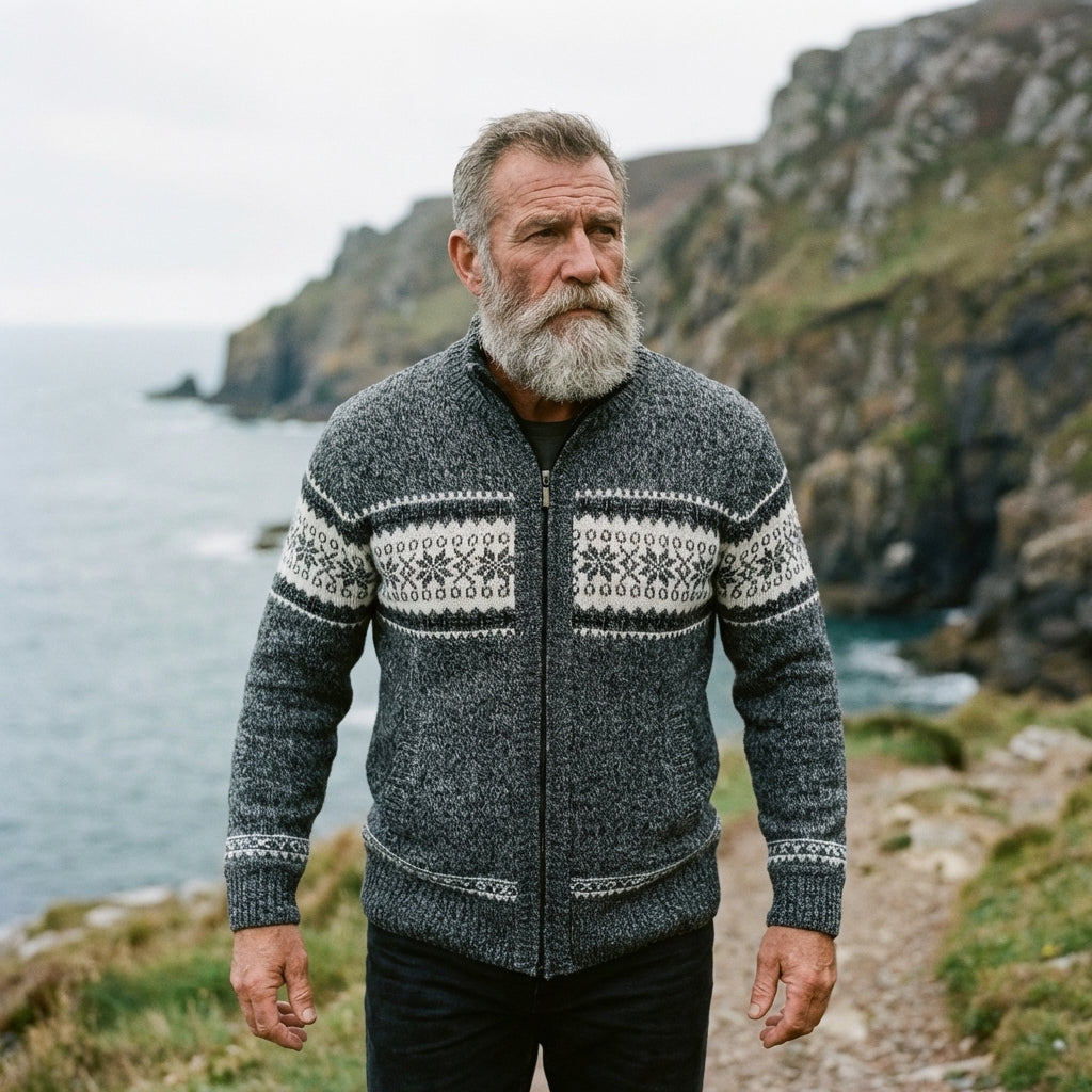 Charcoal Marl Nordic Snowflake Full Zip Sweater