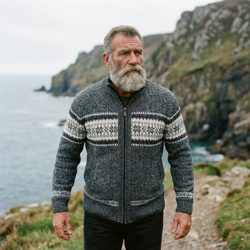Charcoal Marl Nordic Snowflake Full Zip Sweater