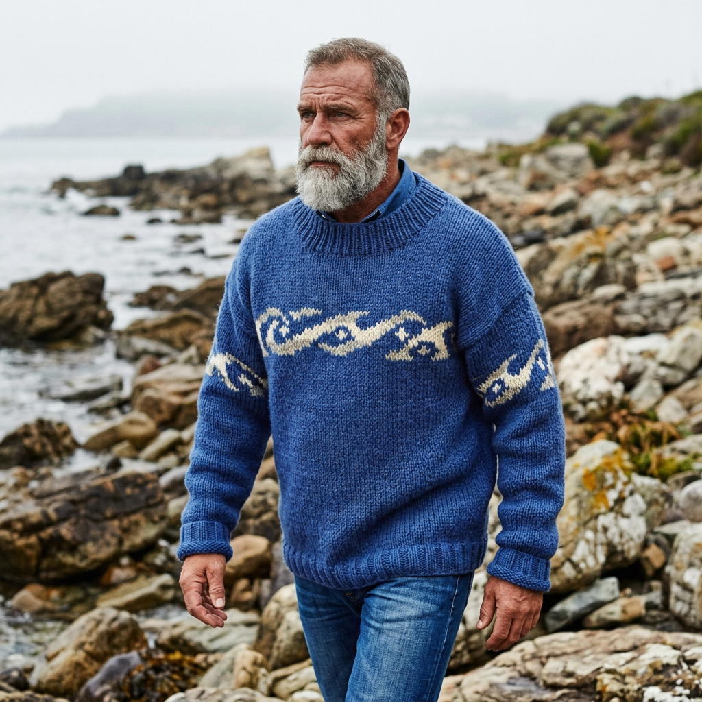 Cornflower Blue Ocean Wave Intarsia Crewneck Sweater