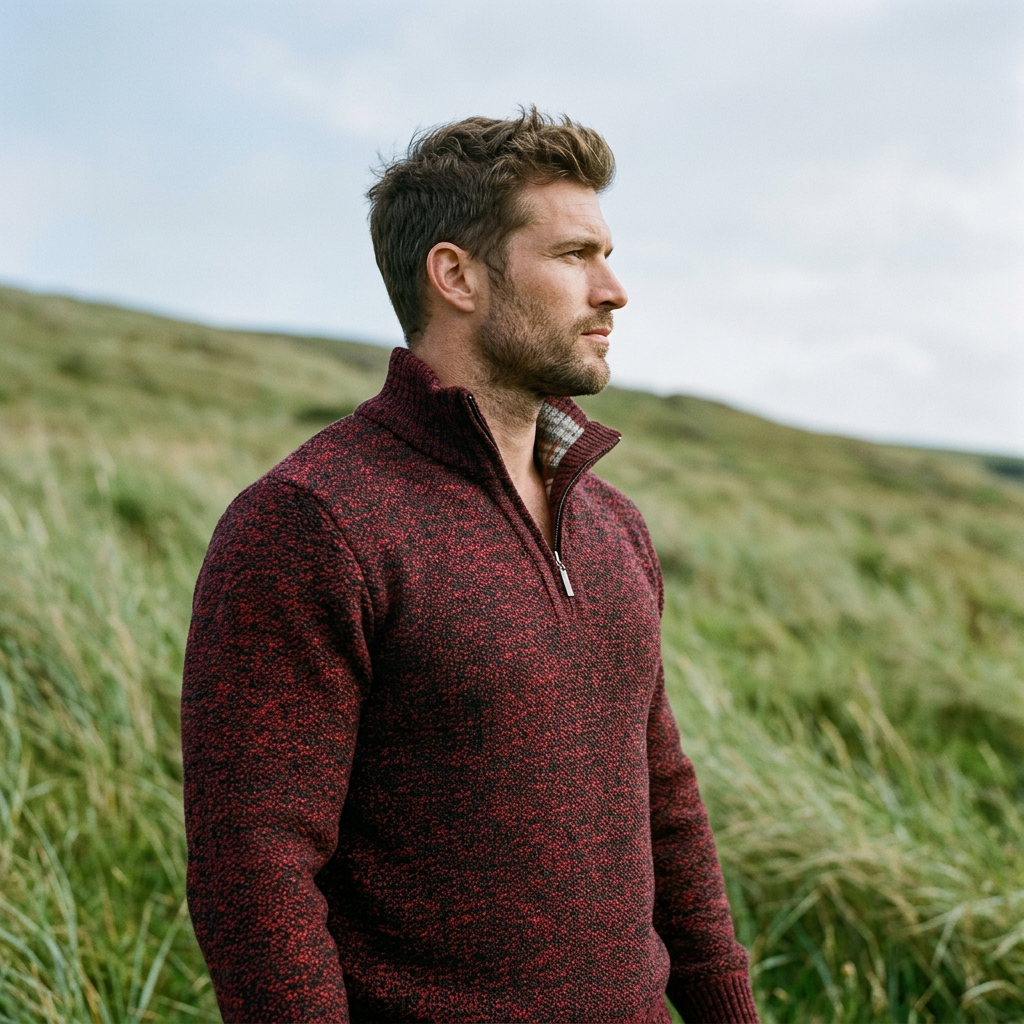 Crimson Marl Twist Knit Half Zip Sweater