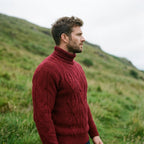 Crimson Red Aran Cable Knit Turtleneck Sweater