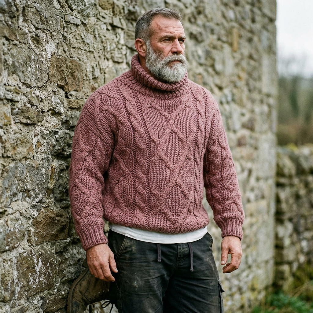 Dusty Rose Chunky Aran Cable Knit Turtleneck Sweater