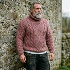 Dusty Rose Chunky Aran Cable Knit Turtleneck Sweater