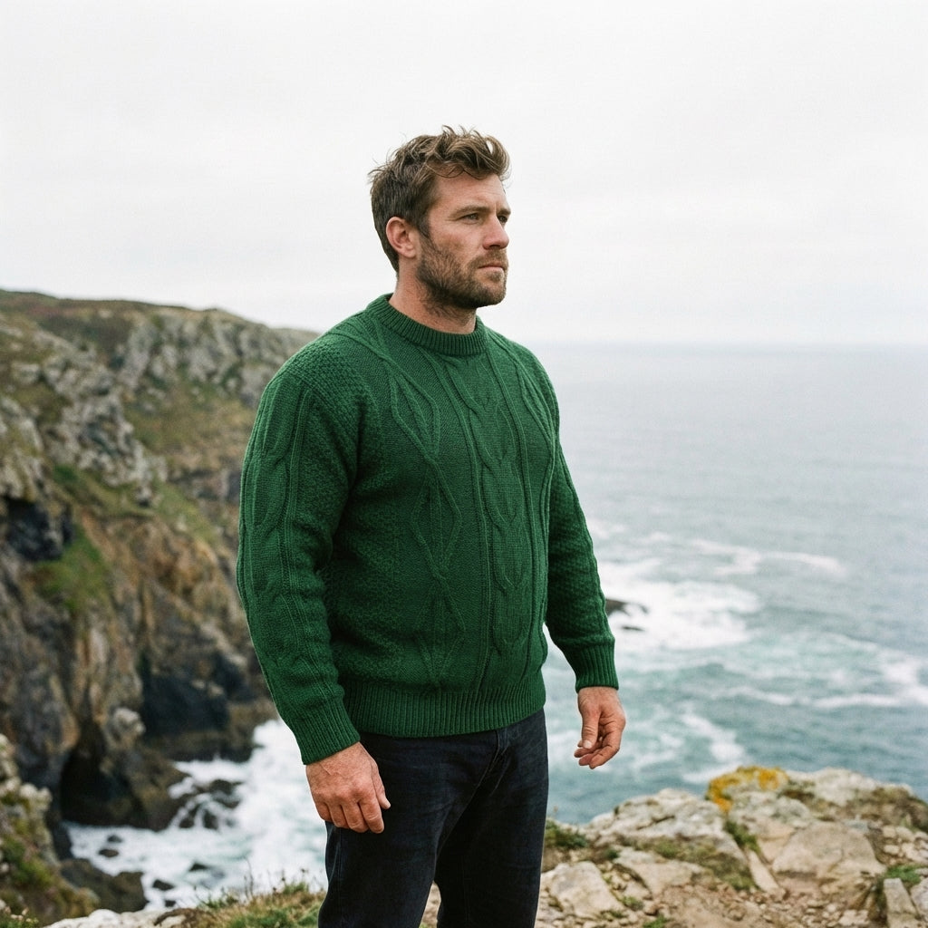 Emerald Green Aran Cable Knit Crewneck Sweater
