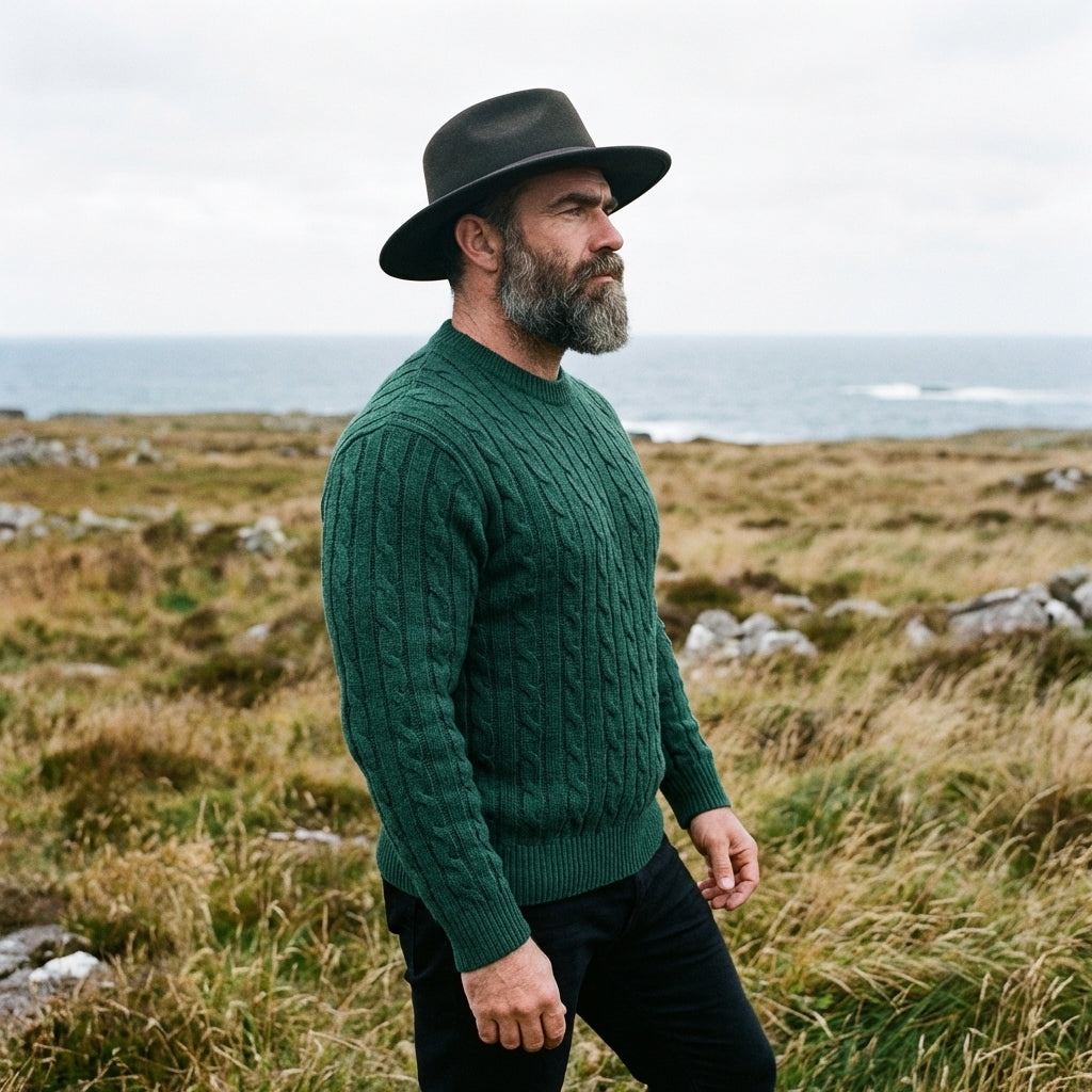 Forest Green Solid Cable Knit Crewneck Sweater