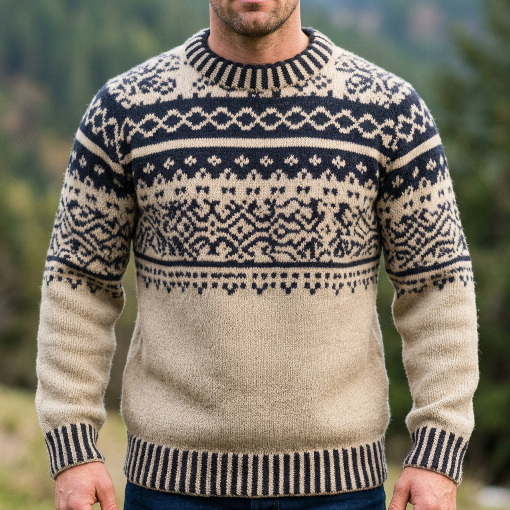 Sand & Navy Allover Fair Isle Crewneck Sweater