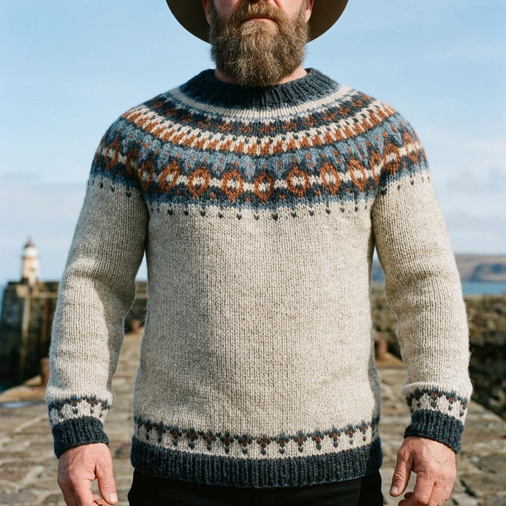 Natural Grey Teal & Rust Lopapeysa Crewneck Sweater