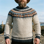 Natural Grey Teal & Rust Lopapeysa Crewneck Sweater