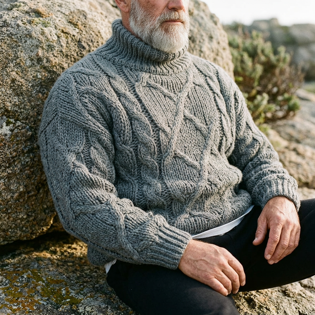 Slate Grey Chunky Aran Cable Knit Turtleneck Sweater