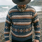 Steel Blue & Camel Horizontal Stripe Fair Isle Crewneck Sweater