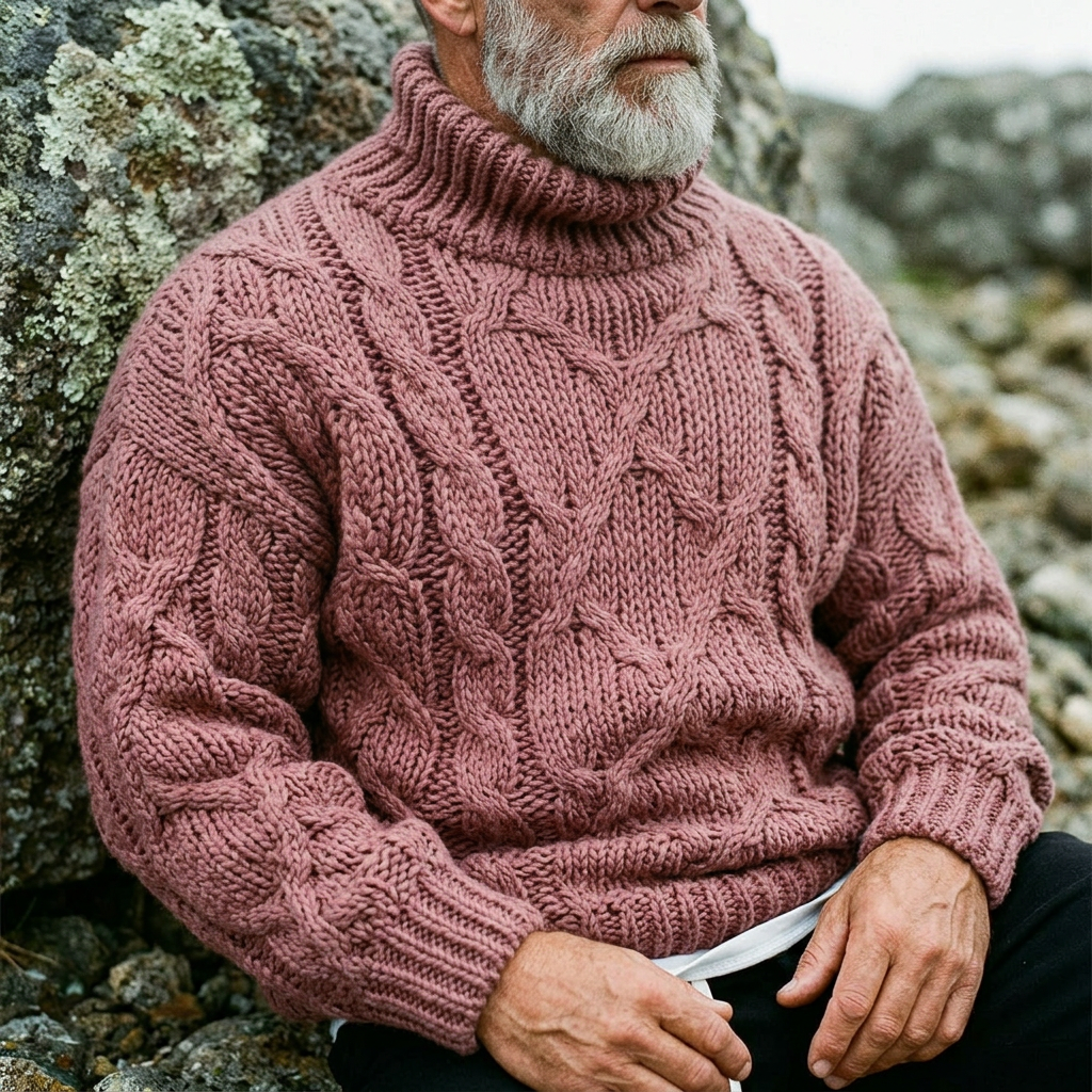 Dusty Rose Chunky Aran Cable Knit Turtleneck Sweater