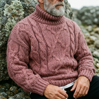 Dusty Rose Chunky Aran Cable Knit Turtleneck Sweater