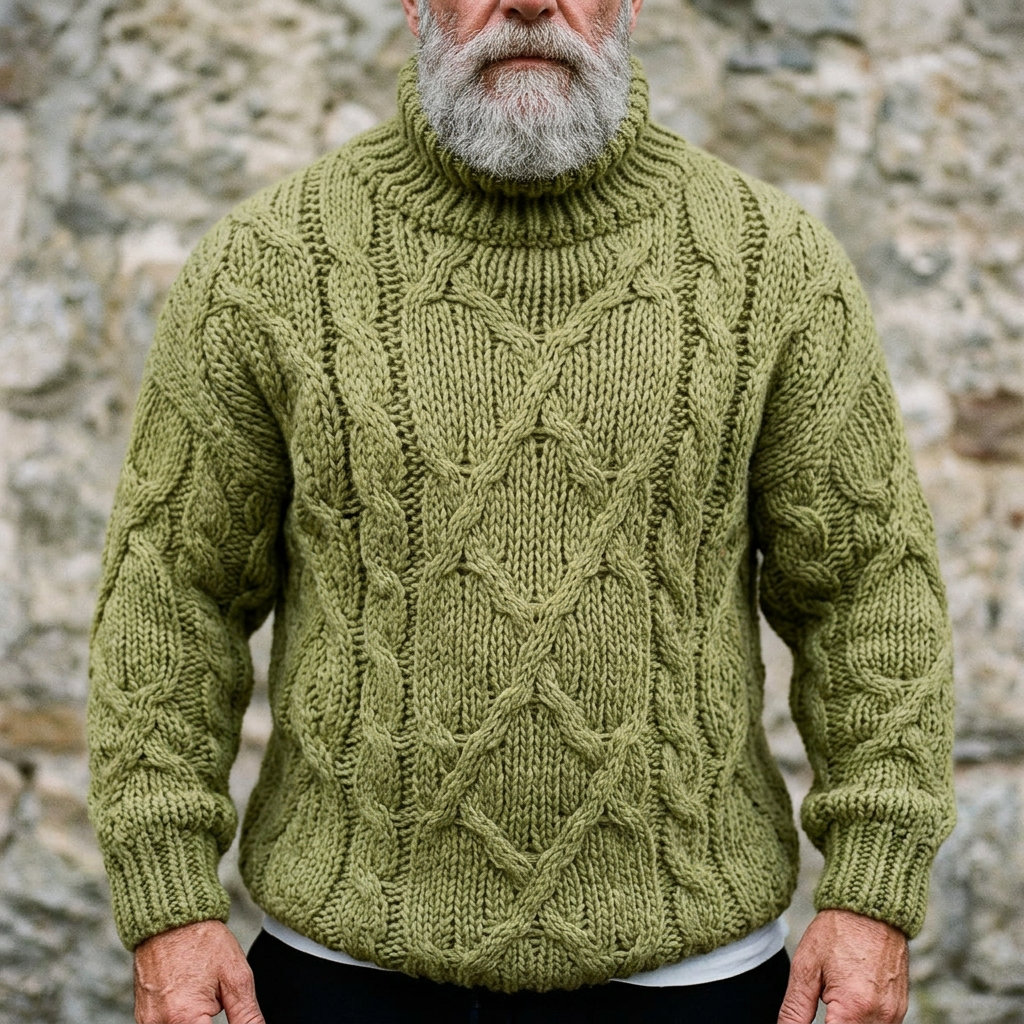 Olive Moss Chunky Aran Cable Knit Turtleneck Sweater
