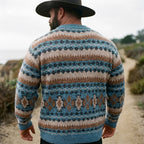 Teal & Camel Horizontal Stripe Fair Isle Crewneck Sweater