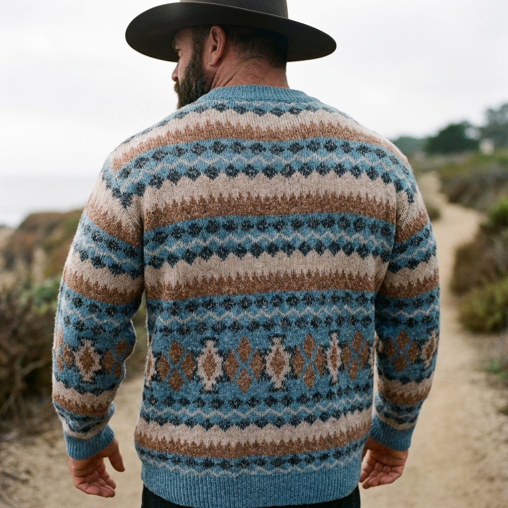 Teal & Camel Horizontal Stripe Fair Isle Crewneck Sweater