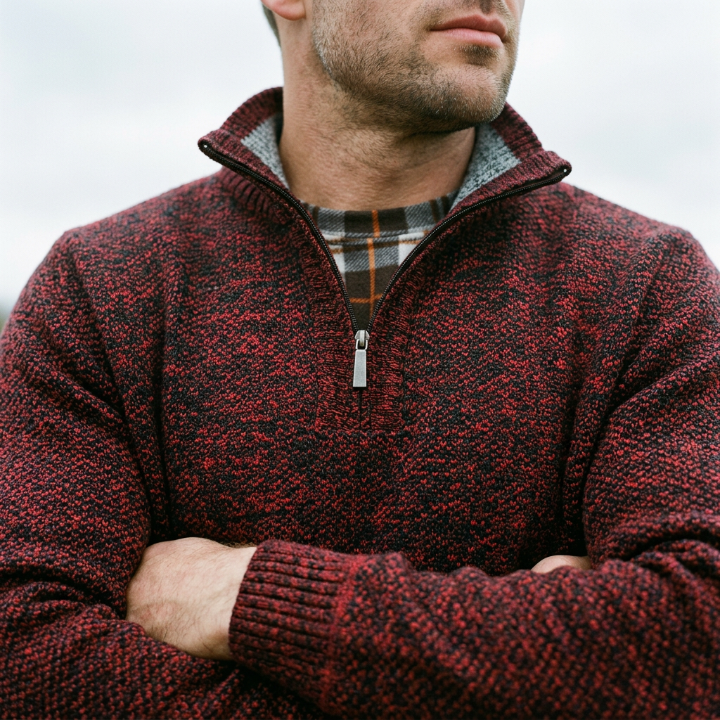 Crimson Marl Twist Knit Half Zip Sweater