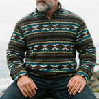 Dark Teal & Ochre Aztec Sherpa Fleece Half Zip Sweater