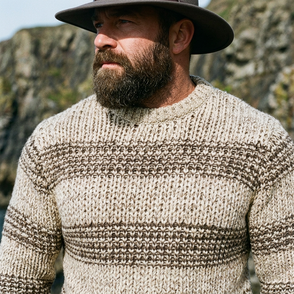 Oatmeal & Brown Horizontal Stripe Fisherman Crewneck  Sweater
