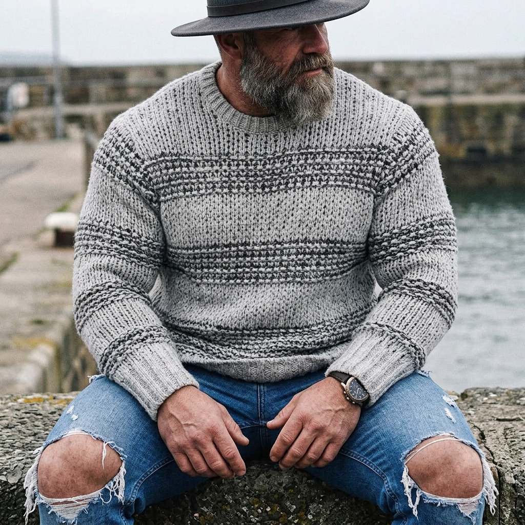 Light Grey Houndstooth Stripe Crewneck Sweater