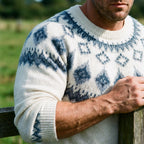 Ivory & Slate Blue Nordic Yoke Wool Sweater