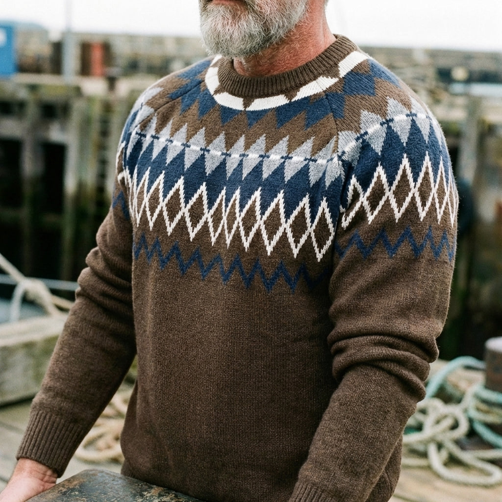 Walnut Brown Diamond & Tree Fair Isle Crewneck Sweater