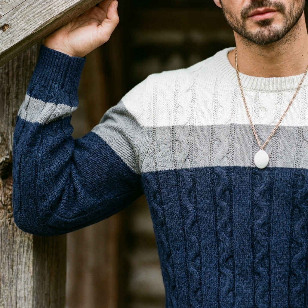 Ivory & Navy Colorblock Cable Knit Crewneck