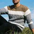 Camel & Grey Colorblock Cable Knit Crewneck Sweater