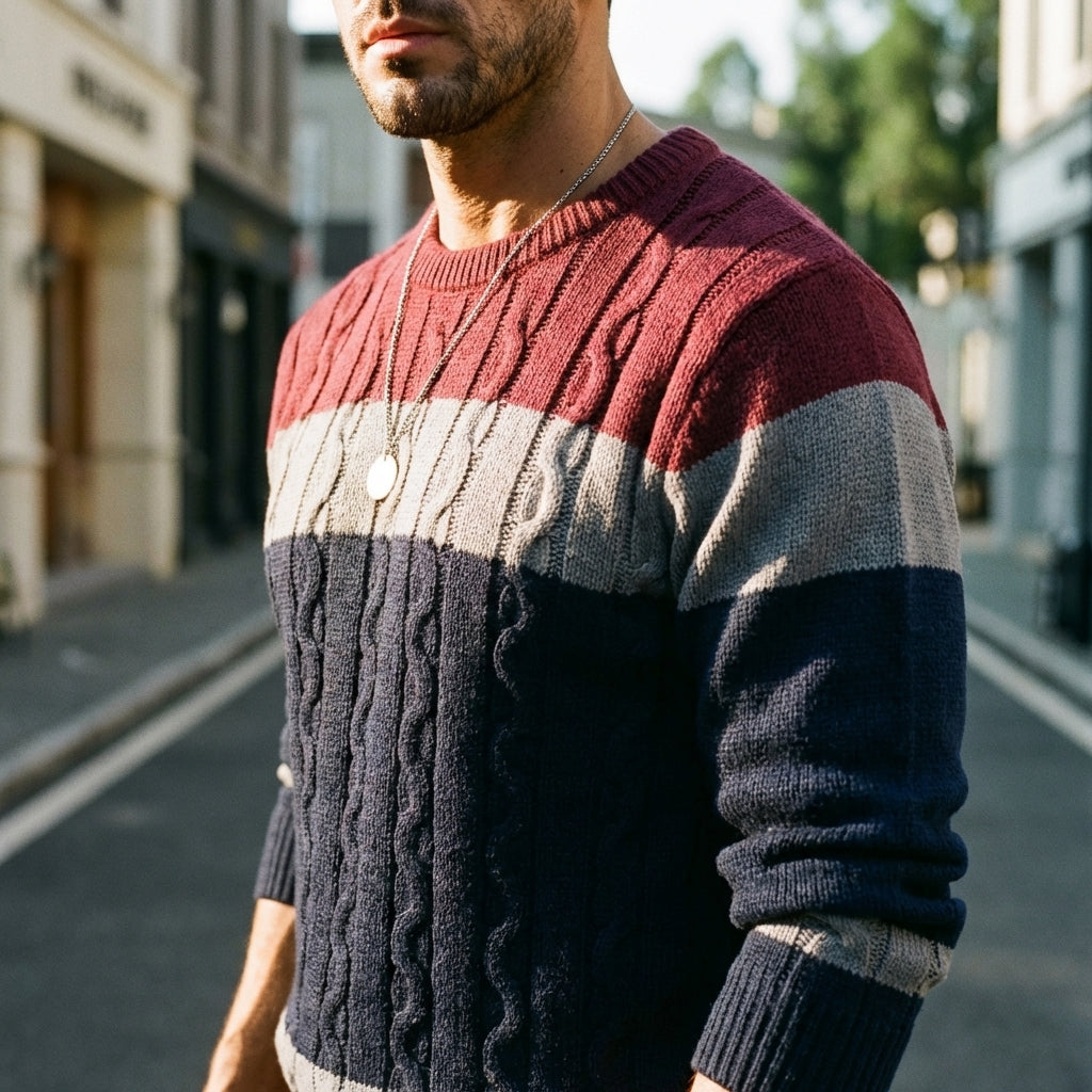 Tri Colorblock Cable Knit Crewneck Sweater