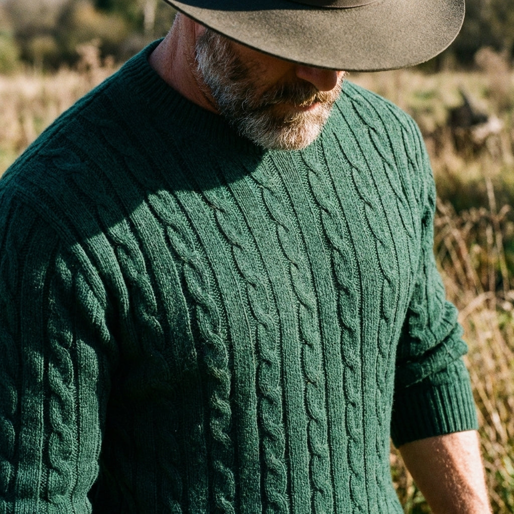Forest Green Solid Cable Knit Crewneck Sweater