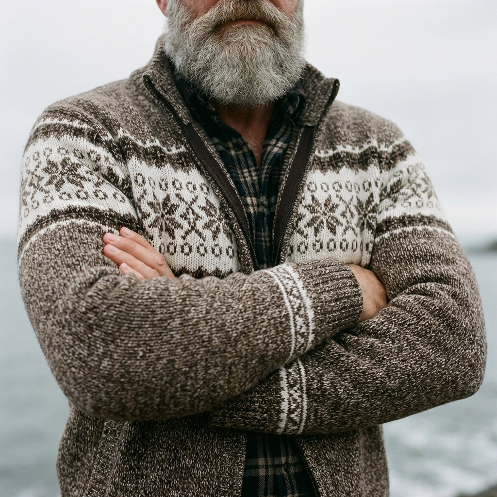 Driftwood Brown Nordic Snowflake Full Zip Sweater
