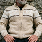 Oatmeal Cross Stitch Stripe Full Zip Sweater