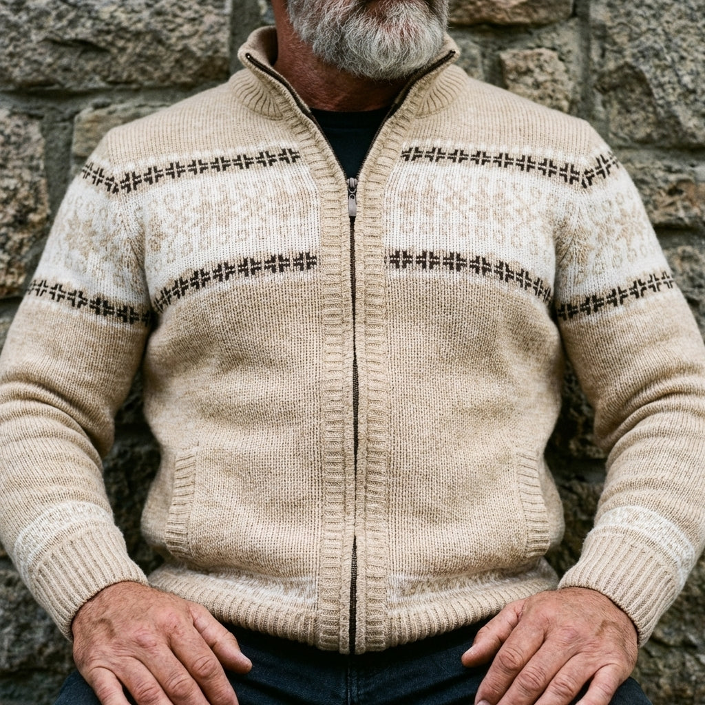 Oatmeal Cross Stitch Stripe Full Zip Sweater