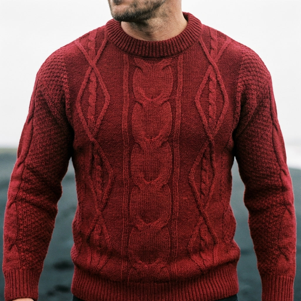 Crimson Red Aran Cable Knit Turtleneck Sweater