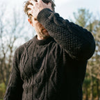 Midnight Black Aran Cable Knit Turtleneck Sweater