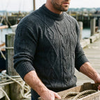 Charcoal Grey Aran Cable Knit Crewneck Sweater