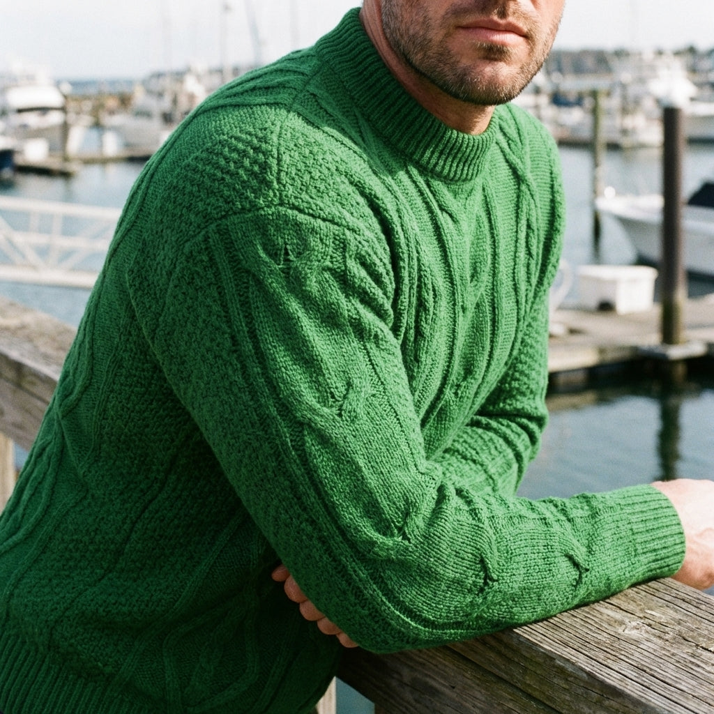 Emerald Green Aran Cable Knit Crewneck Sweater