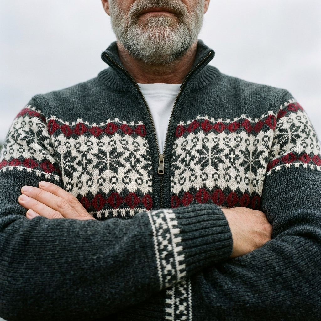 Graphite & Burgundy Nordic Snowflake Full Zip Sweater